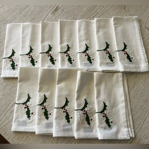 Set of 12 White Cotton Christmas Holiday Napkins With Holly